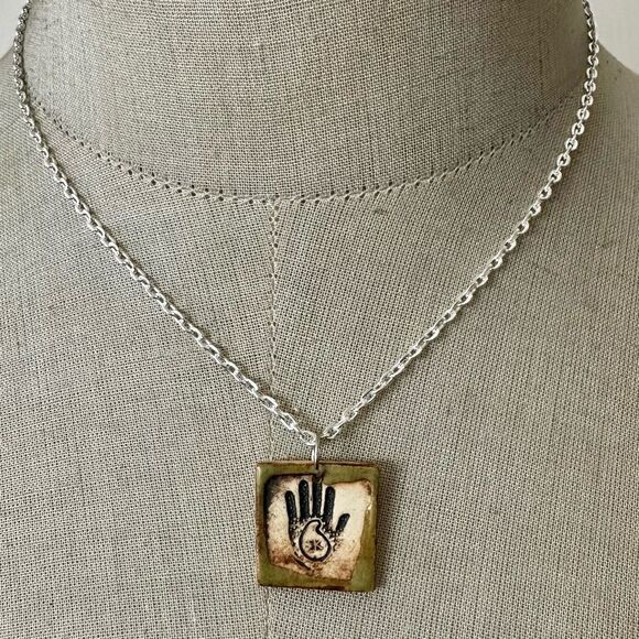 Rustic Ceramic Handprint Pendant Necklace - Picture 2 of 8